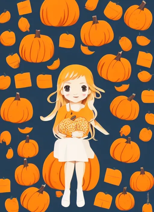 Image similar to little girl with long blonde hair sitting on a pile of pumpkins. clean cel shaded vector art. shutterstock. behance hd by lois van baarle, artgerm, helen huang, by makoto shinkai and ilya kuvshinov, rossdraws, illustration, art by ilya kuvshinov