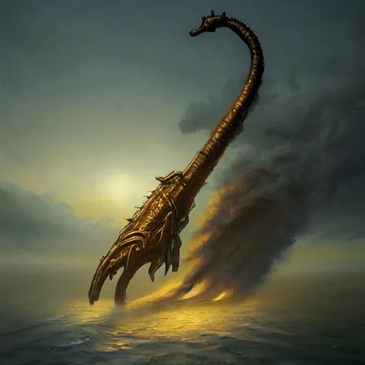 Image similar to a beautiful painting by greg rutkowski and michael whelan, trending on artstation a wasteland of nuclear bombs that failed to go off, 8k resolution incredible digital illustration added Featured seahorse nailed to gold chainsword