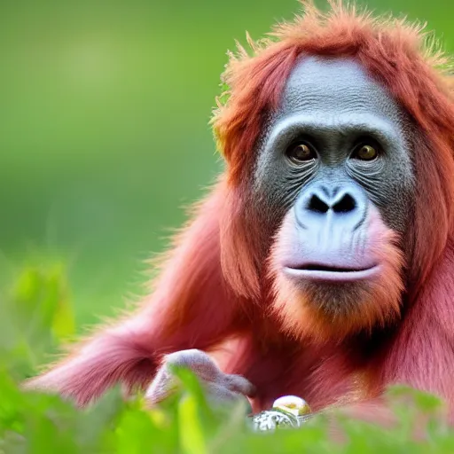 Prompt: pink orangutan wearing a pearl necklace and a tiara sat in a field of grass wildlife photography 4 k