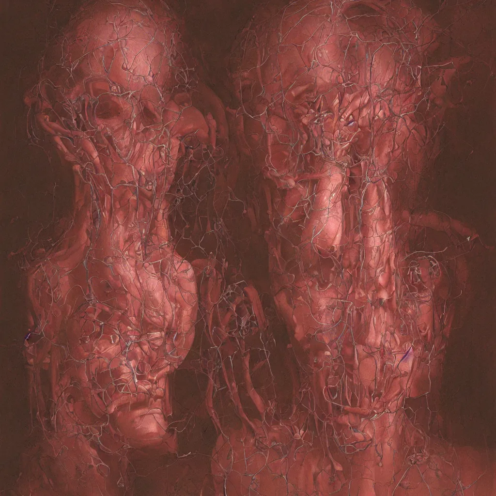 Image similar to portrait of girl melting with machine by wayne barlowe and zdislaw beksinski