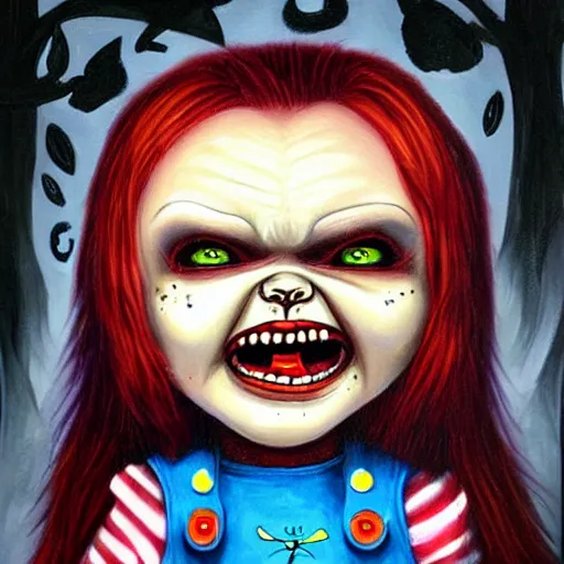 Prompt: dark fantasy painting of chucky by jeremiah ketner | horror themed | creepy