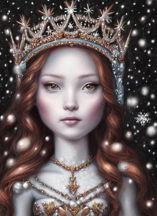 Image similar to highly detailed closeup portrait of a snow, ice princess wearing a crown and sitting on a throne, nicoletta ceccoli, mark ryden, lostfish, earl nore, global illumination, god rays, detailed and intricate environment