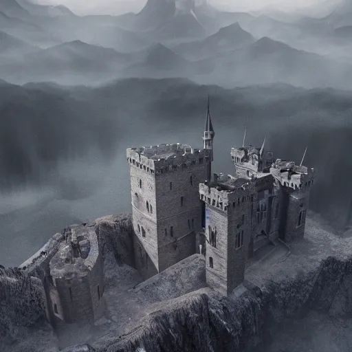 Image similar to view from above of a castle, architecture, mountains, Game of thrones style, Dusk, in the mist, dark atmosphere, cinematic lighting, Roger Deakins, Artstation Matte Painting, Albert Whitlock, horror, Vale in the mountains, concept art, 4k, unreal engine