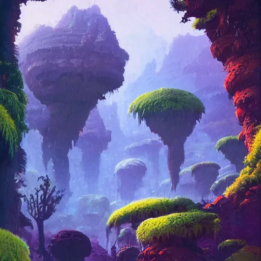 Image similar to illustration of a lush natural scene on an alien planet by paul lehr. extremely detailed. beautiful landscape. weird vegetation. cliffs and water.