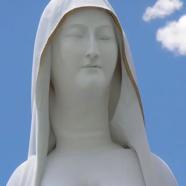 Image similar to white statue of mother mary pictured slightly from below, clear sky with blue clouds in background, polaroid