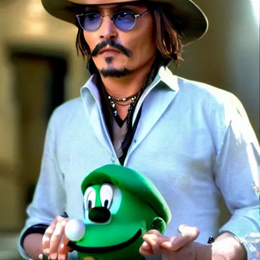 Prompt: Johnny Depp as Luigi in Live-action Super Mario Bros movie