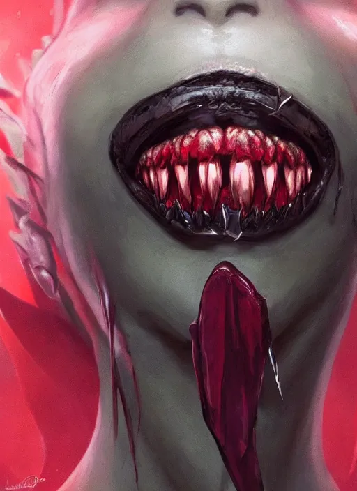 Prompt: a detailed face portrait of the queen of blades with vampire fangs and tongue sticking out, by dorian cleavenger, greg rutkowski, wlop, astri lohne, zdzisław beksinski trending on artstation