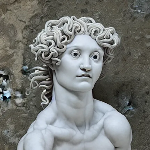 Image similar to medusa sculpture hyperrealistic style made by michelangelo, made with carrara marble