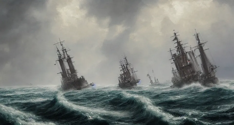 Image similar to giant sailing battleship with ten sails, raging sea foggy, dramatic, action scene, stormy background, shipfleet on the horizon, high detail, greg rutkowski, james gurney, gene wolfe, gustave dore, jesper ejsing, rhads, makoto shinkai, ilya kuvshinov