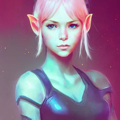 Image similar to girl portrait, elven warrior princess, head and shoulders, matte print, pastel pink, neon highlights, digital art, cute freckles, digital painting, fan art, elegant, pixiv, by Ilya Kuvshinov, daily deviation, IAMAG