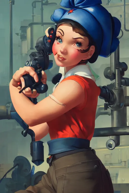 Image similar to a portrait of a cute rosie the riveter, industrial setting, overwatch art team, action pose, vivid colors, soft lighting, atmospheric, cinematic, moody, splash art in the style of ilya kuvshinov and range murata, oil on canvas, 8 k