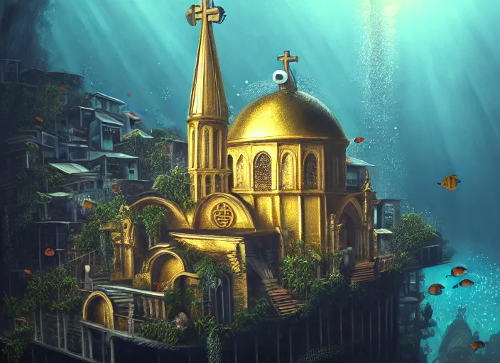 Image similar to cathedral favela, underwater environment, scenery, professional, award - winning, trending on artstation, hyper detailed, realistic, beautiful, emotional, shiny, golden, picture
