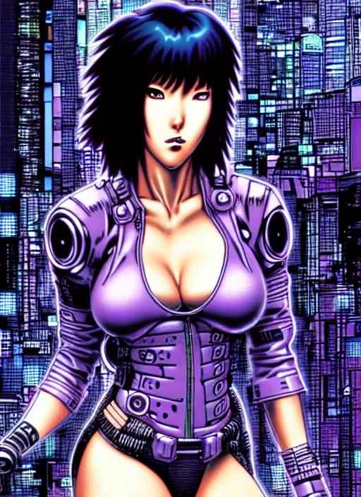 Image similar to motoko kusanagi in grungy cyberpunk megacity, intricate and finely detailed, cyberpunk vaporwave, portrait by j scott campbell