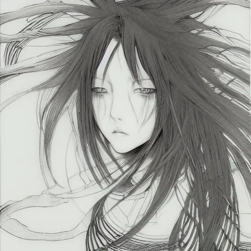 Image similar to yoshitaka amano blurred and dreamy illustration of an anime girl with black eyes, wavy white hair fluttering in the wind wearing elden ring armor and engraving, abstract black and white patterns on the background, noisy film grain effect, highly detailed, renaissance oil painting, weird portrait angle, blurred lost edges, three quarter view