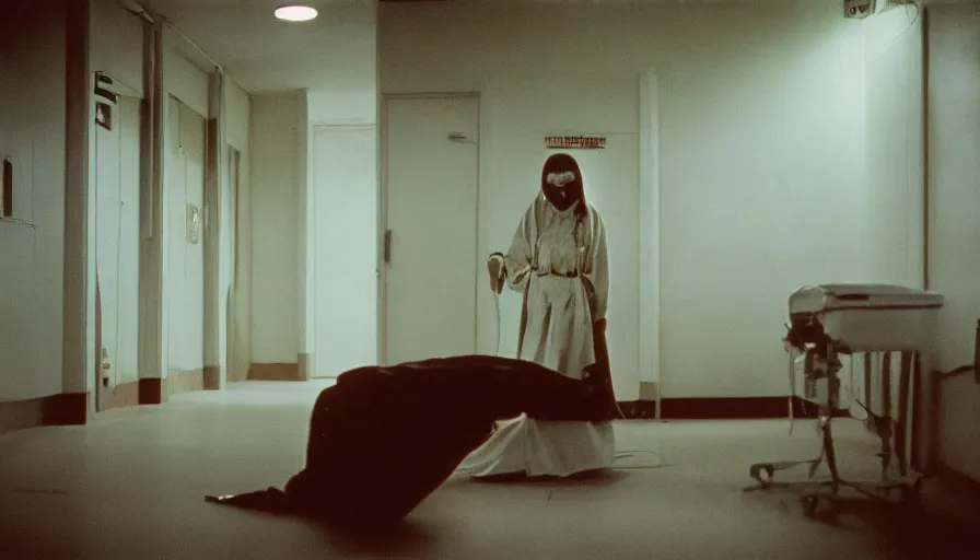 Prompt: 60s movie still of a foetus white japanese female phantom bloody in an empty soviet stalinist style hospital with dark walls, cinestill 800t 35mm technicolor, heavy grain, high quality, higly detailed, liminal space
