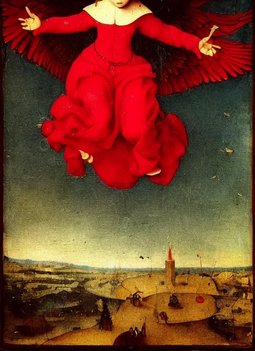 Image similar to fallen angel dressed in red with wings by Jan van Eyck, Hieronymus Bosch, Johannes Vermeer 4k post-processing, highly detailed medieval painting