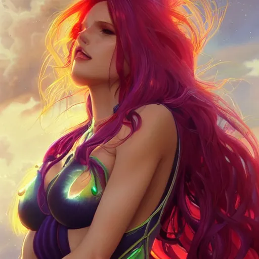 Image similar to ultra realistic illustration, bella thorne as starfire anime, intricate, elegant, highly detailed, digital painting, artstation, concept art, smooth, sharp focus, illustration, art by artgerm and greg rutkowski and alphonse mucha and wlop