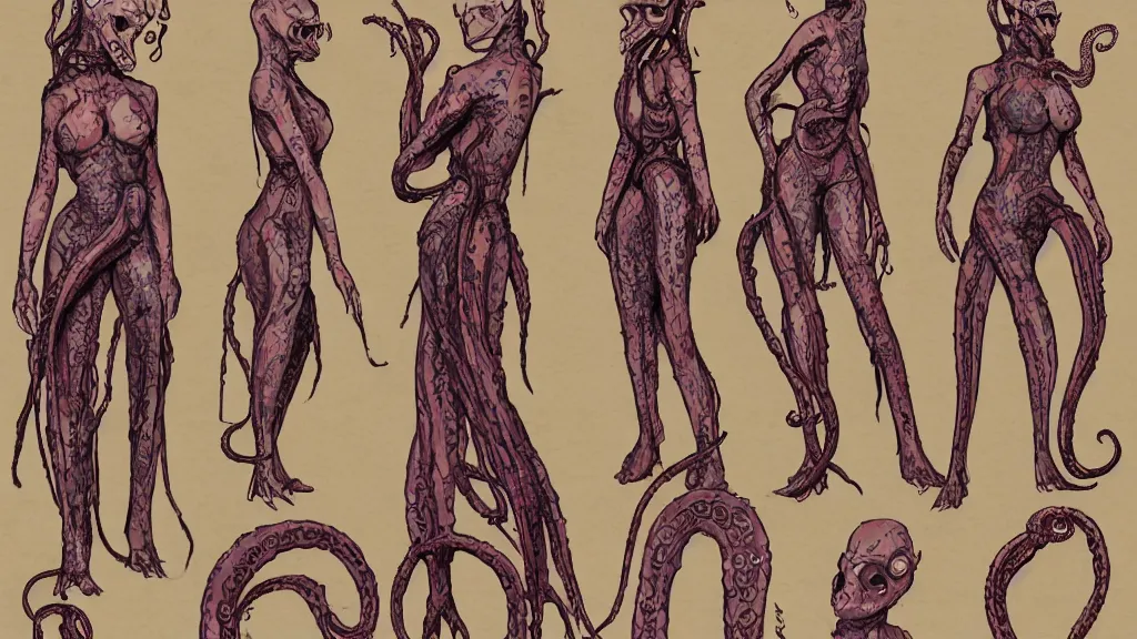 Image similar to aged paper, concept art, colorful character sheet for a stocky alien extraterrestrial female servant maid with thick snake - like tentacles instead of hair, long dress with apron, retrofuture, valerian, moebius, coherent, illustration, digital art, trending on artstation, hd, 8 k, good lighting, beautiful, rough paper, masterpiece