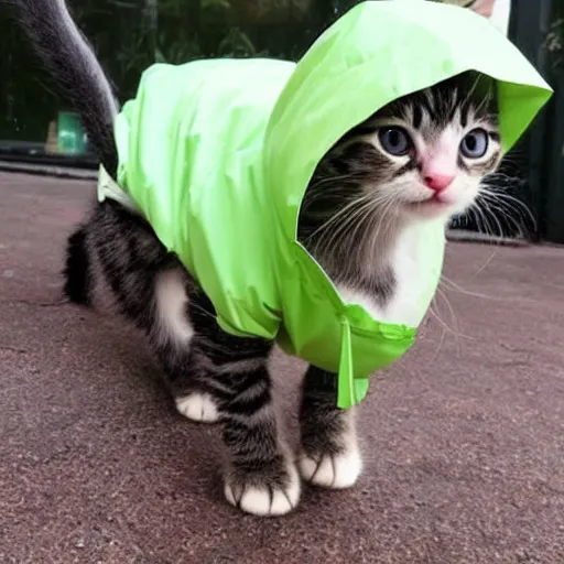 Prompt: a cute kitten wearing a raincoat