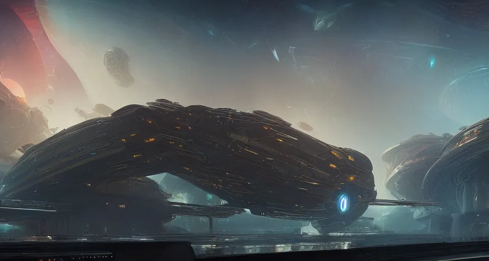 Image similar to Retro futuristic Sci-Fi space scene, Giant Aztec spaceship, nebulas swirls, dusk lighting, intricate details ,by denis villeneuve, Ridley Scott, Greg Rutkowski and Alphonse Mucha