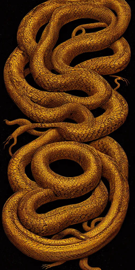 Prompt: concept art of an ouroboro, endless snake, made of gold, on a dark wood background, surrounded by spirals of fog, grimy, gritty, trending on artstation, award winning painting, close portrait, cgi, art by david cronenberg and chris cunningham