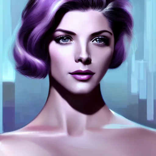 Image similar to A combination of Grace Kelly's and Katheryn Winnick's and Ashley Greene's faces with short violet hair as Cortana, cyberpunk style, synthwave aesthetic, fantasy, intricate, elegant, highly detailed, digital painting, artstation, concept art, matte, sharp focus, illustration, half body portrait, anime style, art by Artgerm and Greg Rutkowski and Alphonse Mucha