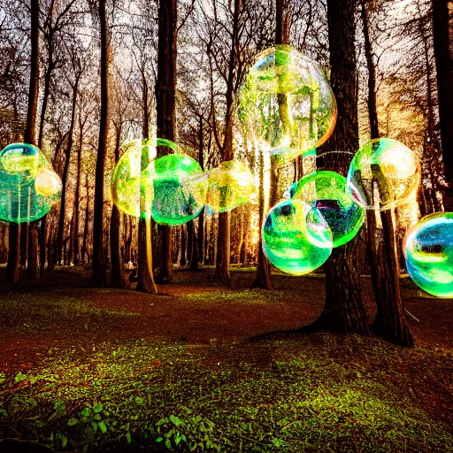 Prompt: professional photograph of a forest filled with glowing bubbles, evening, highly detailed, high quality, award-winning, awe-inspiring, spectacular, 8K, HD