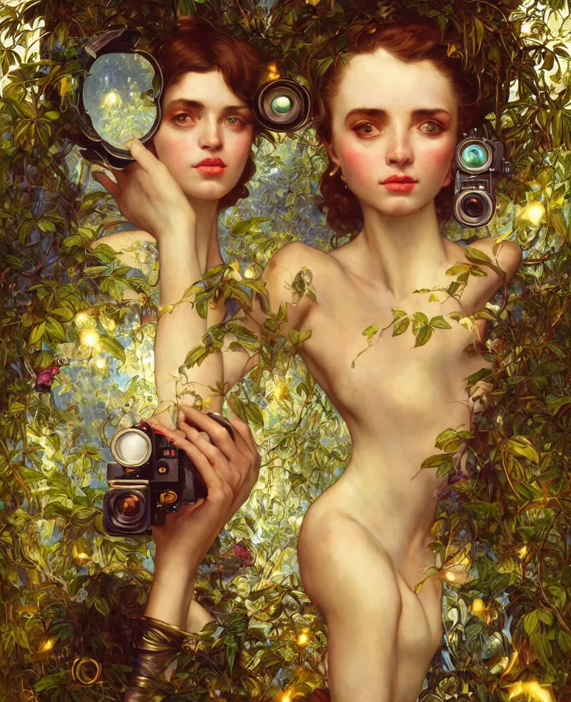 Image similar to hyper realistic photographer looking through a vintage medium format camera, magic pouring from lens, full body pose, design on white background, beautiful details, lush foliage cyberpunk, gold, drawn by john singer sargent, tom bagshaw, norman rockwell, alphonso mucha, lolish, trending on artstation