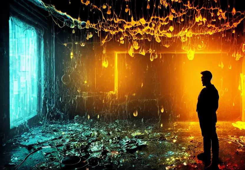 Image similar to a sad man in the center of the room looks out the magic window behind which is the old ruined city, toxic colorful slime and debris pouring from the ceiling in a large gothic cracked steampunk room spilling over the transparent floor and splashing large glowing luminescent neon drops, field - blur, floodlight, argand lamp, 4 k