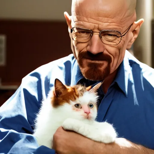 Image similar to a still from breaking bad, of walter white holding a kitten, while smiling, hd 4 k photo