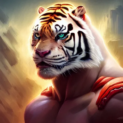 Image similar to a esthetic portrait commission of a muscular antrho albino tiger wearing the superman outfit,hyperdetailed face,character design by charlie bowater,ross tran,artgerm,makoto shibkai,photorealistic,western comic book art,film poster,deviantart,artstation