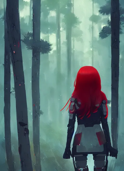 Prompt: red haired japanese girl, armored, midfigure, grey forest background, by ismail inceoglu