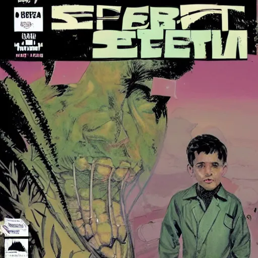 Prompt: Sergio Bleda and Jérémy Petiqueux and Alex Maleev artwork of a boy super scientist in a retro jungle space costume