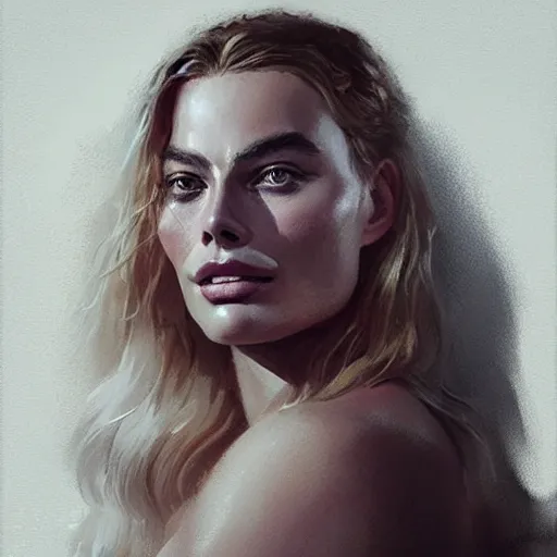 Image similar to “Portrait of Margot Robbie by Greg Rutkowski, young, attractive, highly detailed portrait, scifi, digital painting, artstation, concept art, smooth, sharp foccus ilustration, Artstation HQ”