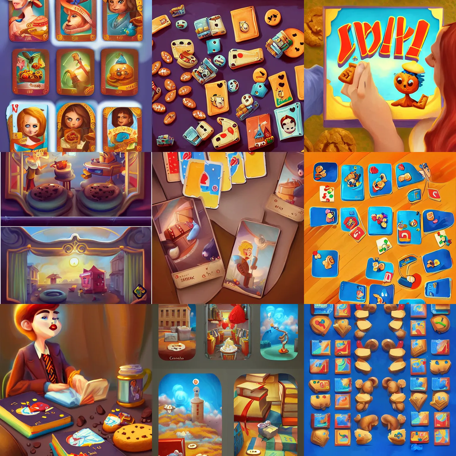 Prompt: dixit cards with cookies, trains, digital painting, artstation