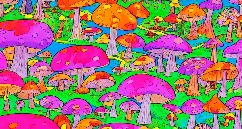 Image similar to A tribal village in a forest of giant mushrooms, by Lisa Frank,