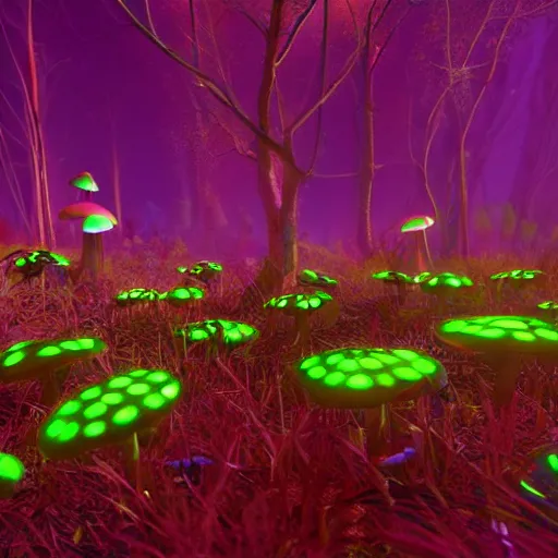 Prompt: A realistic strange neon lanscape, realistic, 4k resolution, detailled, realistic shaders, neon mushrooms, mushrooms particles, painting, forests, strange neon plants, realistic, detailled.