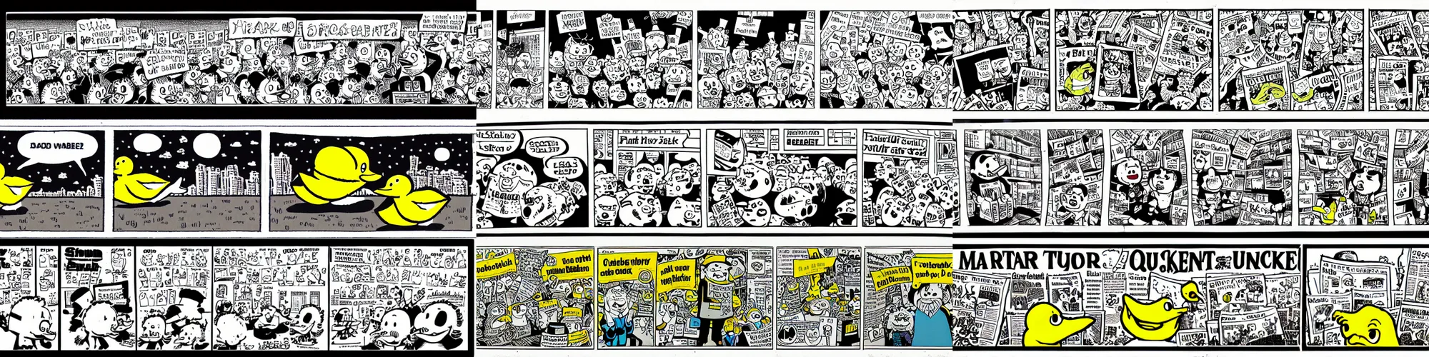Prompt: scanned image of newspaper cartoon strip, in colour, half tone, yellow rubber duck quacks, mcbess