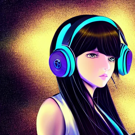 Prompt: girl with black hair and blue eyes wearing headphones, galaxy background, anime, digital art, ultra detailed, 4K