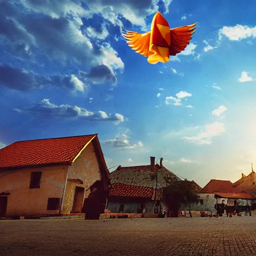 Prompt: pig flying over romanian village with angel wings in a blue sky, bokeh, dramatic lighting