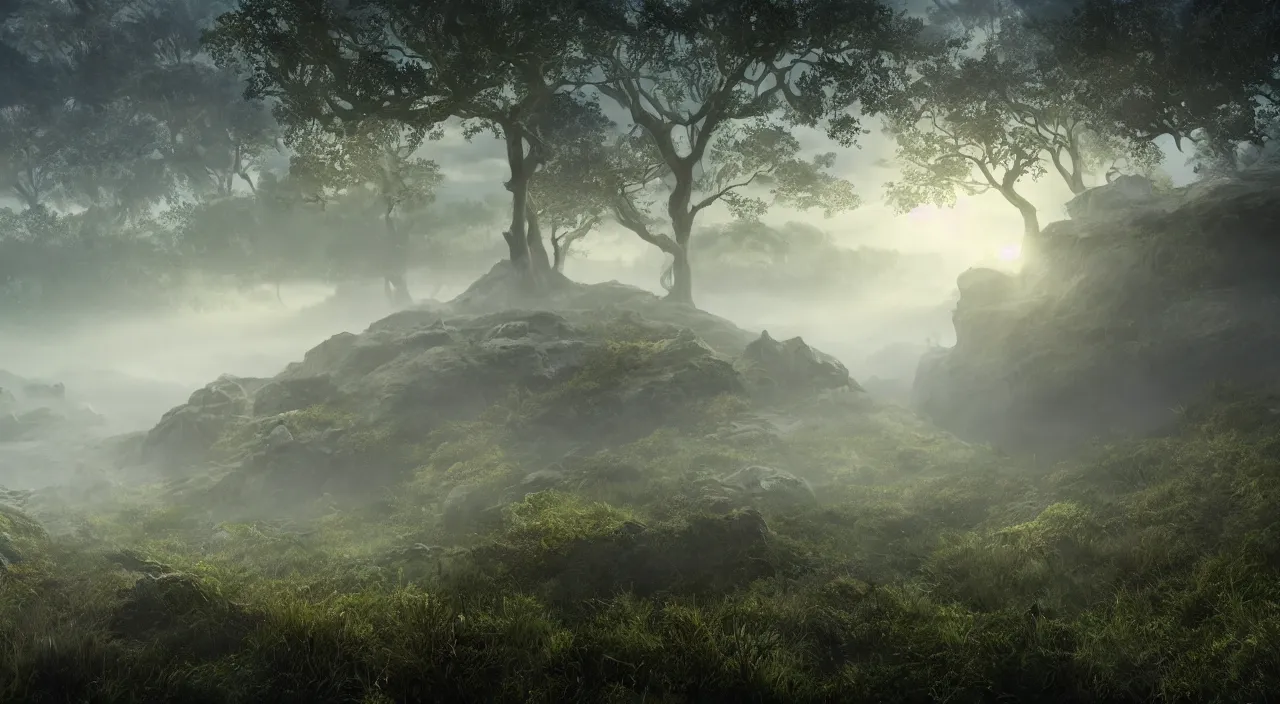 Image similar to photorealistic matte painting misty moors overgrowth undergrowth jagged rock features volumetric fog light rays high contrast dawn mr burns