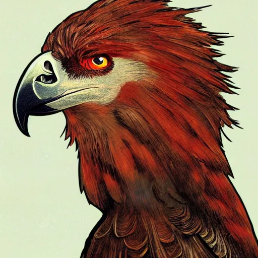 Image similar to a side portrait of a red bearded vulture, award winning, in the style of greg rutkowski and alphonse mucha, a fantasy gryphon