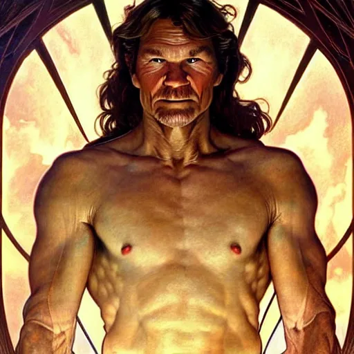 Image similar to patrick swayze as the roman god of protection!! intricate elegant, highly detailed, digital painting, artstation, concept art, smooth, sharp focus, illustration, art by ( ( ( artgerm ) ) ) and greg rutkowski! and ( ( alphonse mucha ) ), heavily influenced by frank frazetta and boris vallejo, sword and sorcery