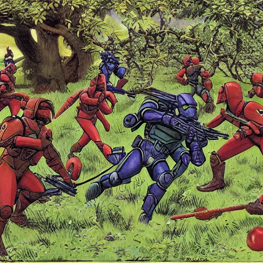 Image similar to master chief battling an elite in a cherry orchard, by Larry Elmore