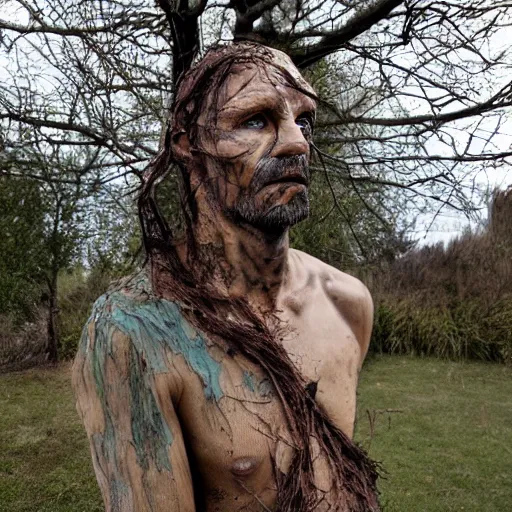 Image similar to The art installation shows a man caught in a storm, buffeted by wind and rain. He clings to a tree for support, but the tree is bent nearly double by the force of the storm. The man's clothing is soaked through and his hair is plastered to his head. His face is contorted with fear and effort. art nouveau by Ford Madox Brown, by Henri-Edmond Cross unplanned