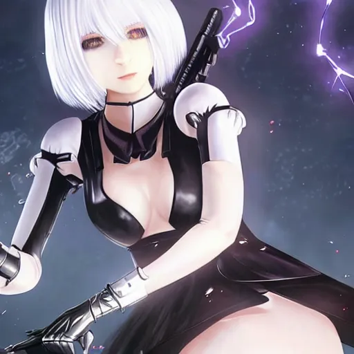 Image similar to 2B from Nier Automata fighting the aliens, highly detailed, realistic