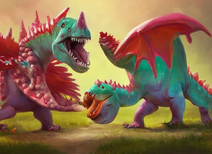 Image similar to concept design of cute candy dinosaurs for a aaa game, oil painting by eren arik and jama jurabaev, extremely detailed, brush hard, artstation, high quality, brush stroke