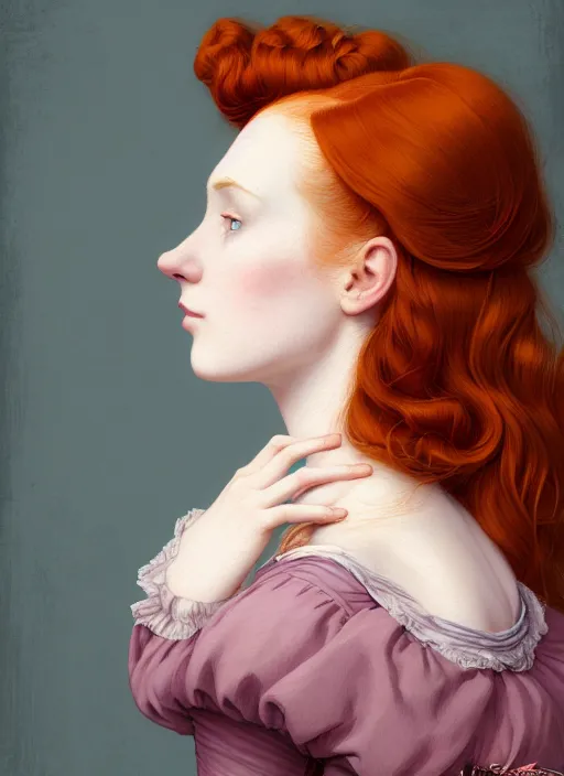 Prompt: a portrait of a young redhead woman with a crooked nose in victorian clothing, confident pose, intricate, elegant, sharp focus, illustration, highly detailed, concept art, matte, trending on artstation, anime, art by james jean and artgerm and brian despain and alberto mielgo, greg rutkowski, wlop, ilya kuvshinov, strong strokes