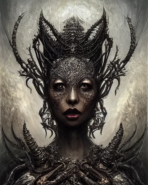 Image similar to full portrait of queen of the last hive, black metal shiny skin. intricate, elegant, highly detailed, centered, digital painting, artstation, concept art, smooth, sharp focus, illustration, artgerm, tomasz alen kopera, peter mohrbacher, donato giancola, joseph christian leyendecker, wlop, frank frazetta