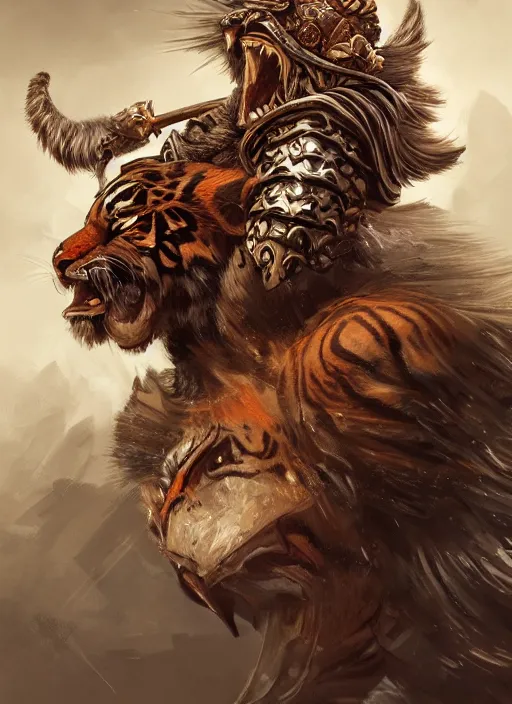 Image similar to a highly detailed illustration of a fierce tribal warrior wearing a tiger mane hat, heroically screaming into the sky pose, muscular, intricate, elegant, highly detailed, centered, digital painting, artstation, concept art, smooth, sharp focus, league of legends concept art, WLOP